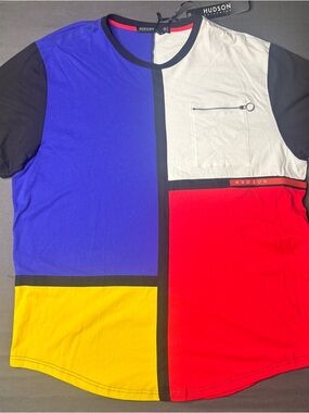 Hudson Jeans Colorblock Tee in Blue, White, Black with Red Trim XXXL
